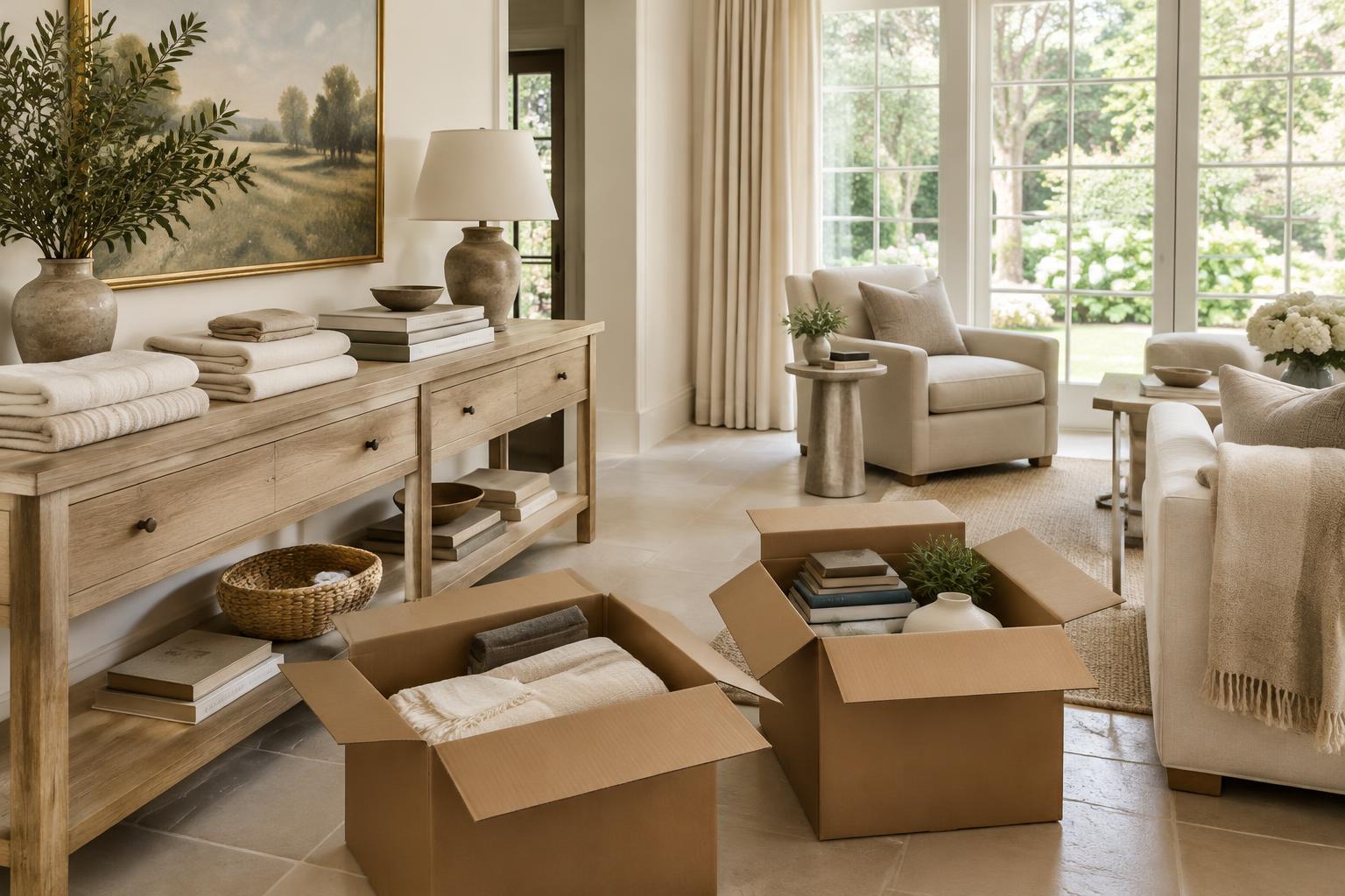 Carefully sorted linens and books in neatly packed moving boxes